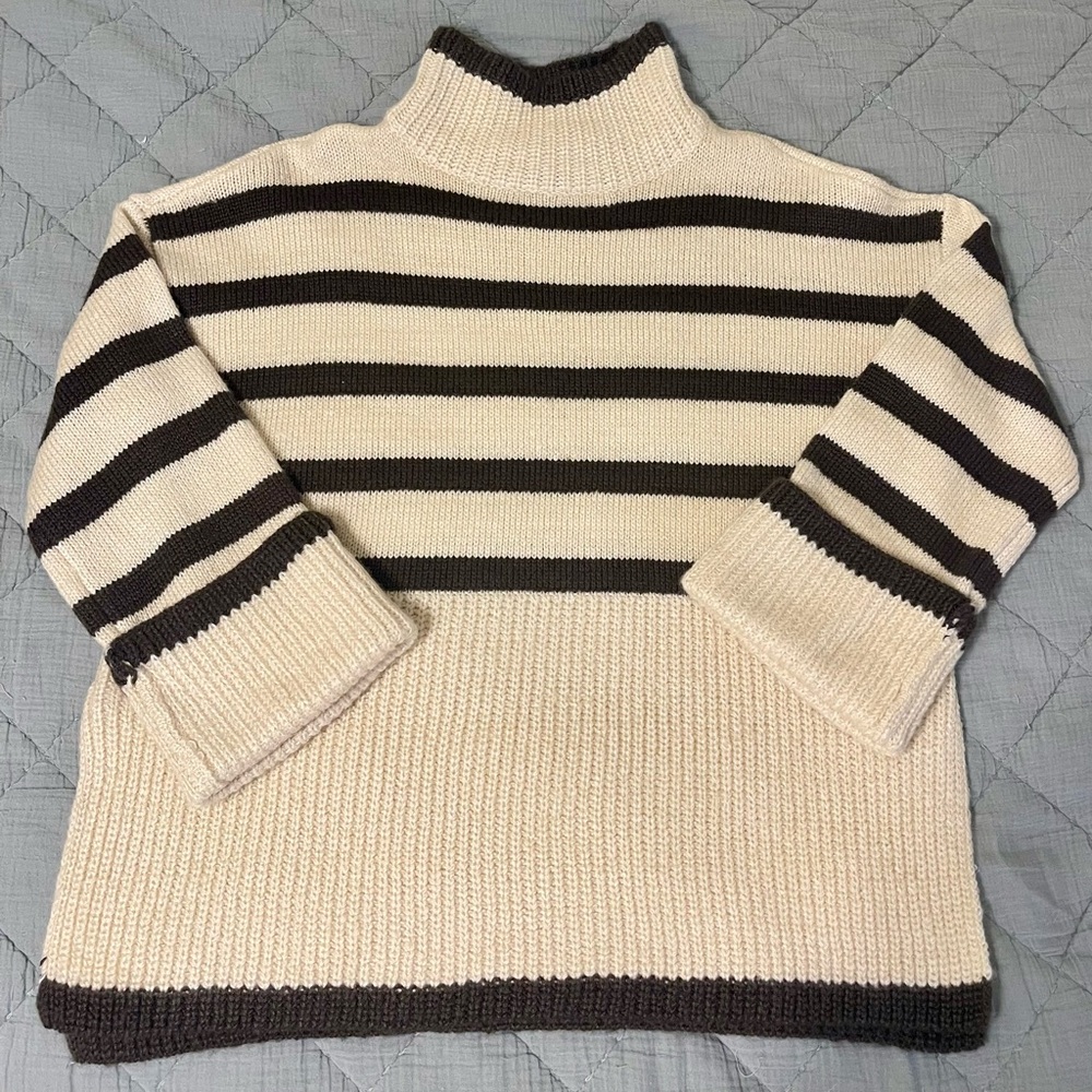 LEA & VIOLA
Women's XS Striped Longline Sweater In Brown Ivory